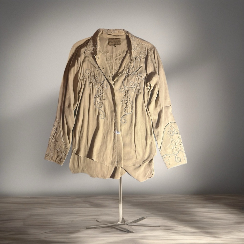 Double D Ranch wear Tan Embroidered Button-Up Blouse